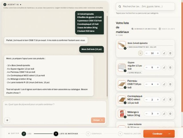 L’agent IA de Bâtir à Rabais qui monte une liste de matériaux avec les quantités.