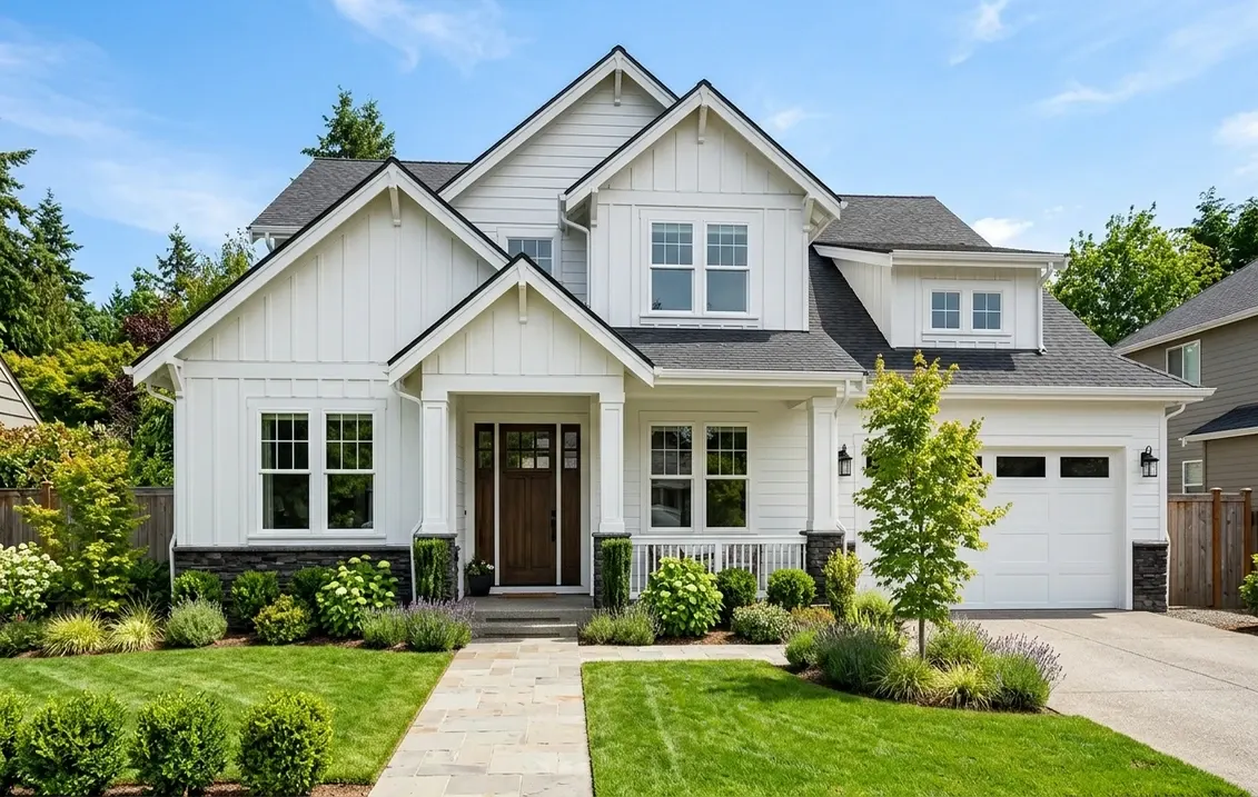 Maison de style fermette moderne avec revêtement board and batten blanc et pignons multiples